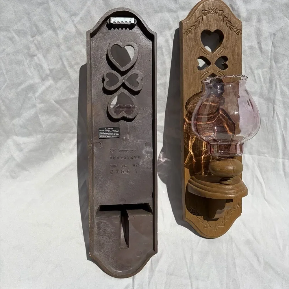 Vtg Set of 2 Burwood Faux Wood Wall Mount Candle Holders/Sconces W/ ❤️ Cut Outs.